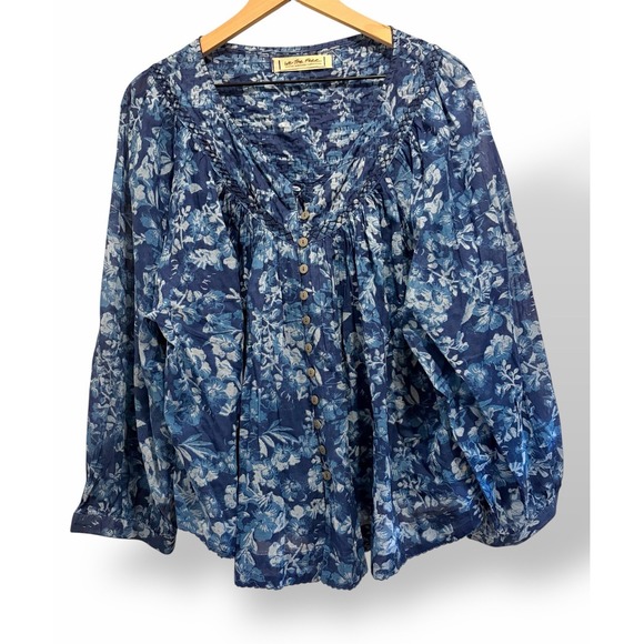 We The Free Tops - We The Free Blue Floral Peasant Top Medium Oversized Boho Button Front Stitching